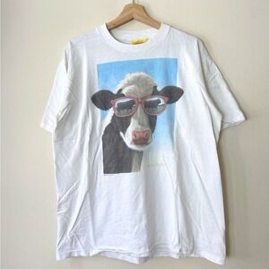 Vintage 90's Cow Bull Sunglasses Animal Art White Tee Shirt - L/XL